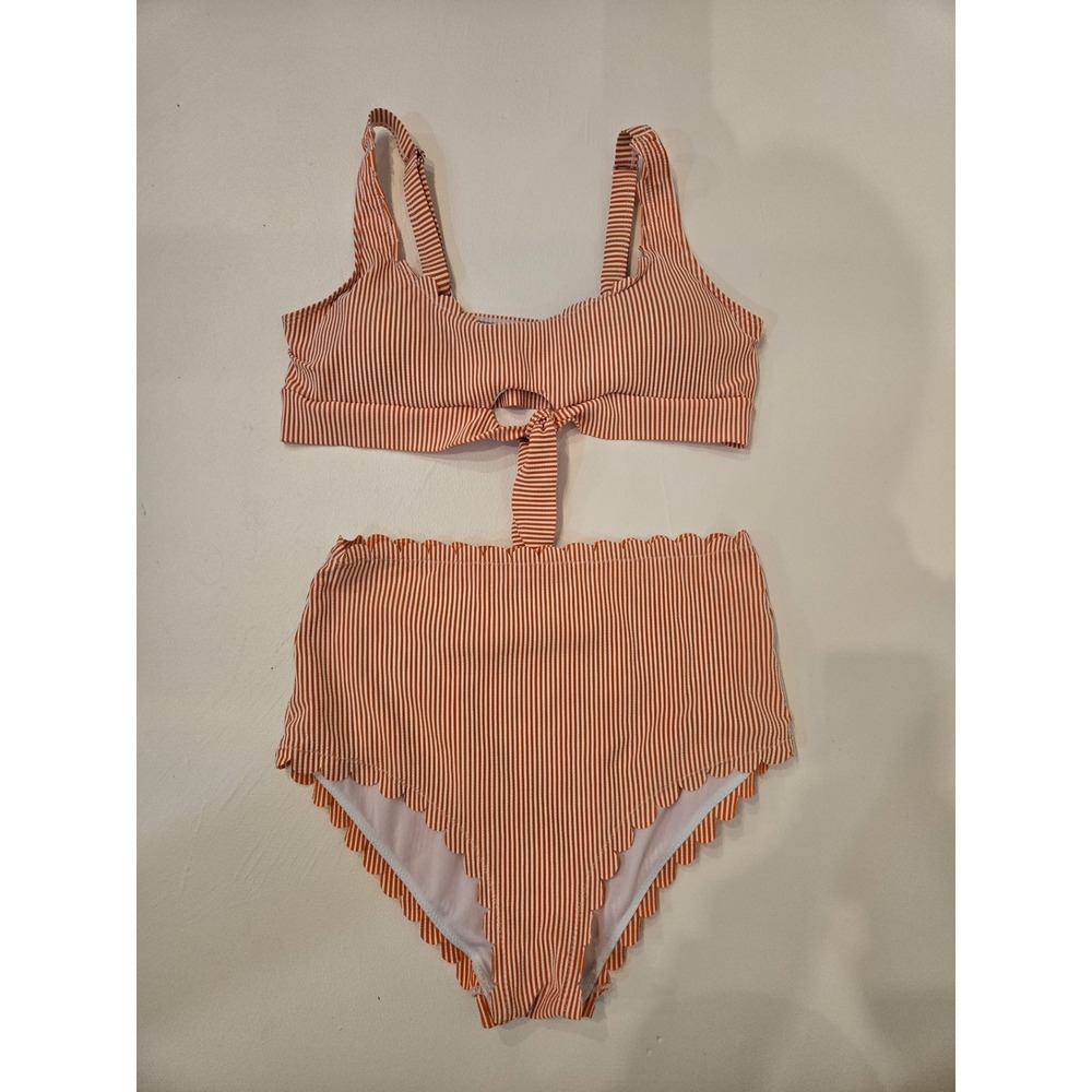 Honeysuckle Swim Company Orange White Seersucker Bikini Set Scalloped Size L
